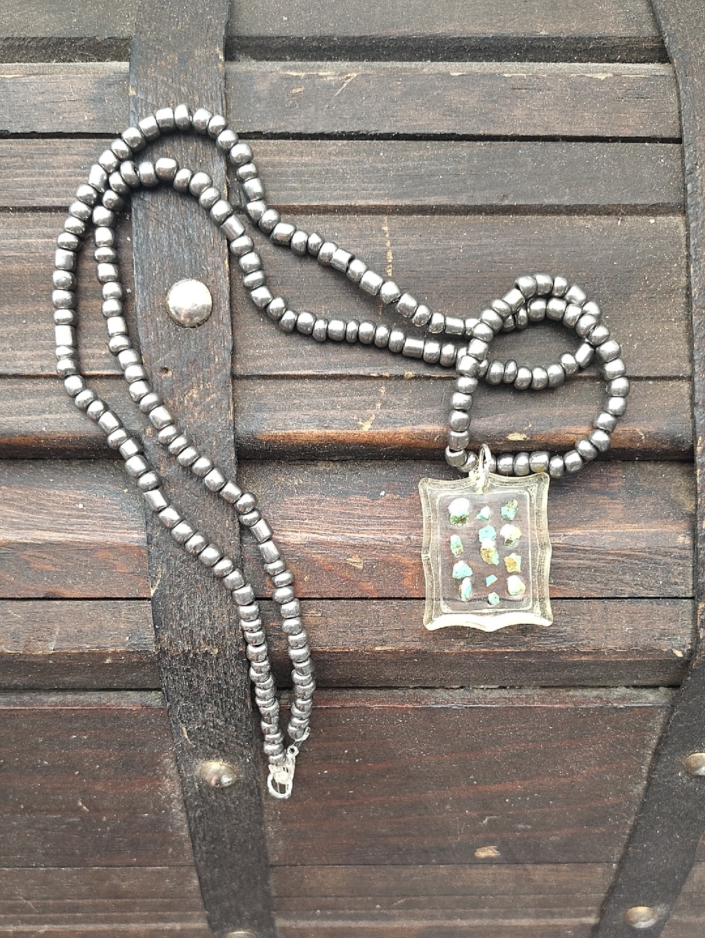 Silver Beaded Pendant Necklace with Iridescent Accent